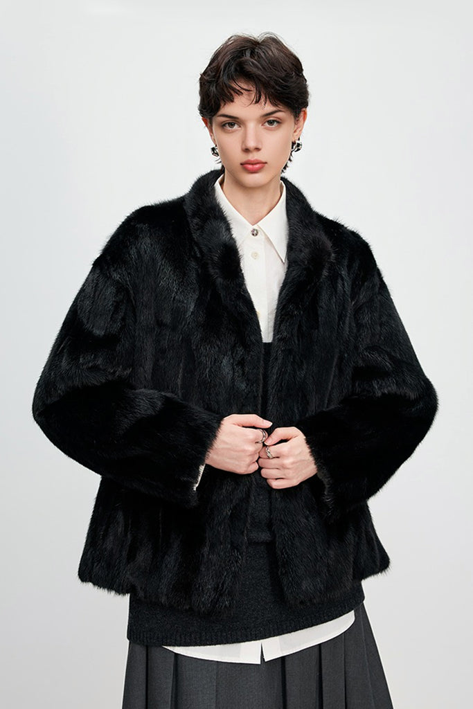 Fluffy Mink Fur Stand-Collar Jacket in Black  Fibflx