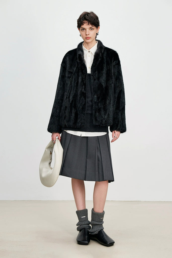 Fluffy Mink Fur Stand-Collar Jacket in Black  Fibflx