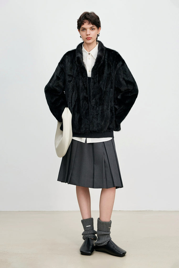 Fluffy Mink Fur Stand-Collar Jacket in Black  Fibflx
