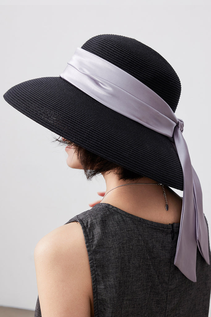Handcrafted Packable Wide-Brim Ribbon Straw Sun Hat  Fibflx