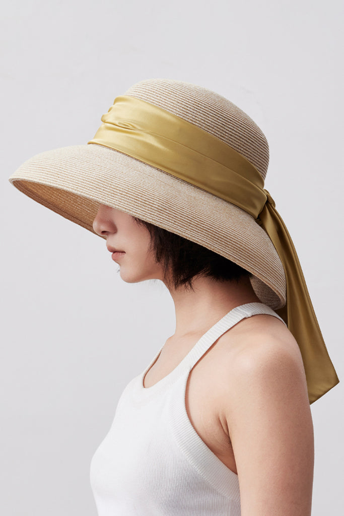 Handcrafted Packable Wide-Brim Ribbon Straw Sun Hat Oak Beige / One Size Fibflx
