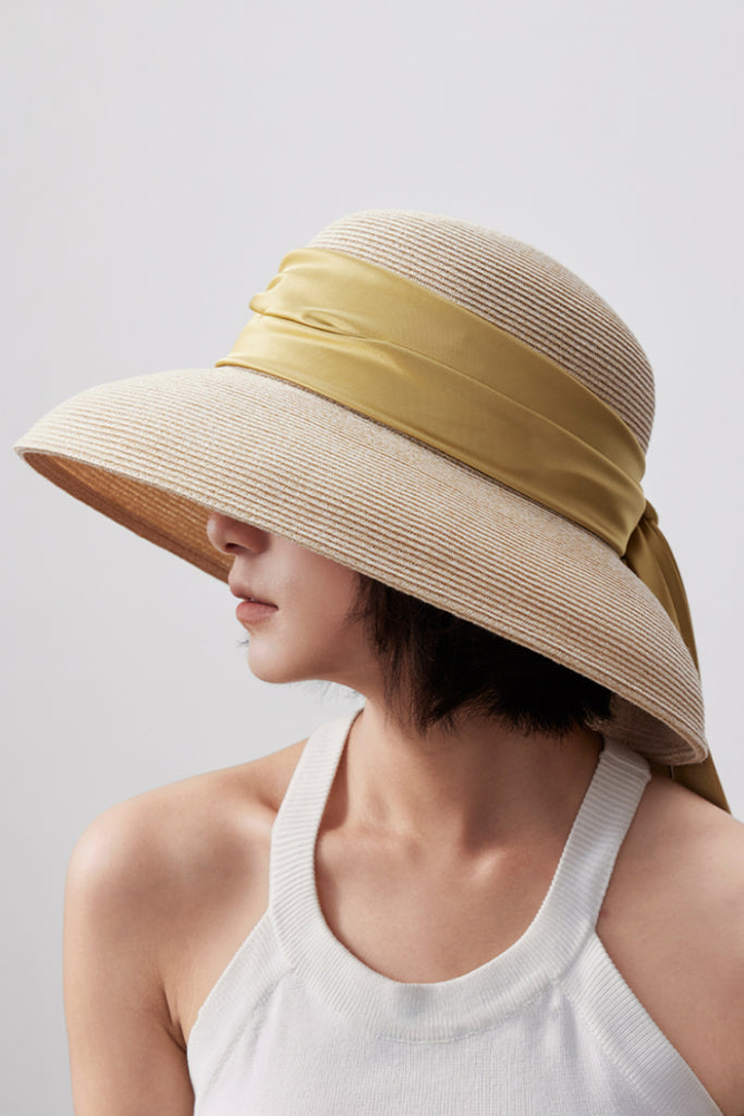 Handcrafted Packable Wide-Brim Ribbon Straw Sun Hat  Fibflx