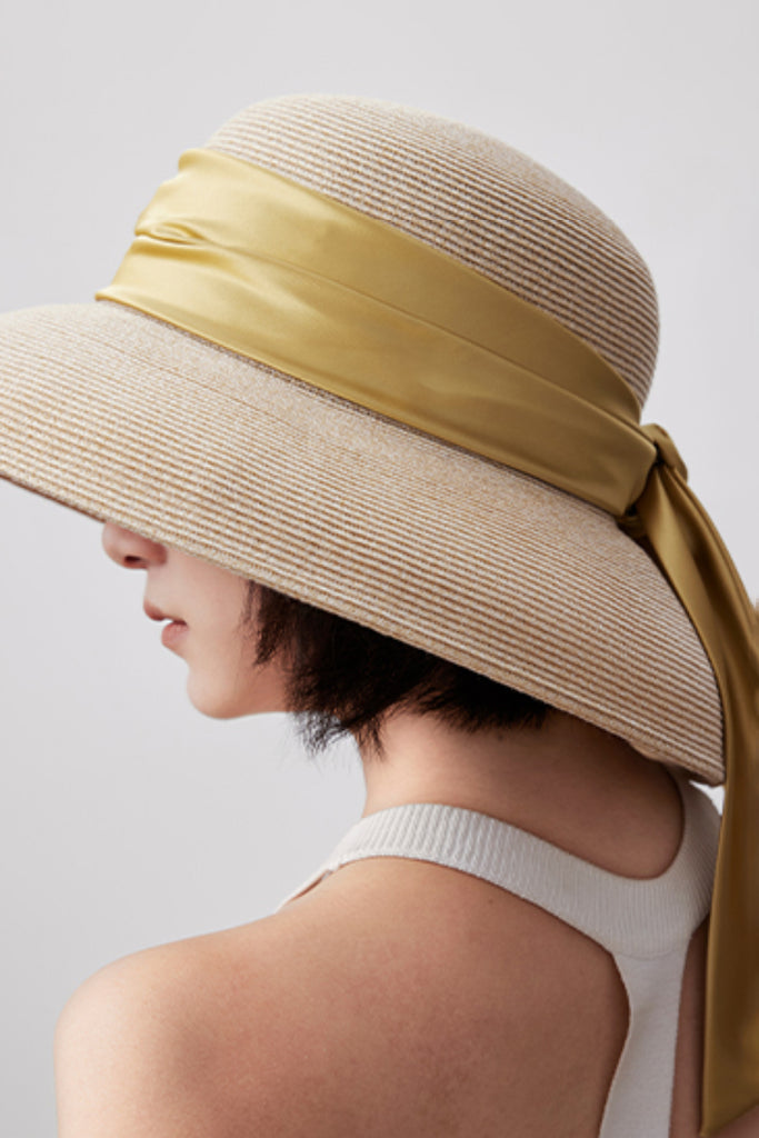 Handcrafted Packable Wide-Brim Ribbon Straw Sun Hat  Fibflx