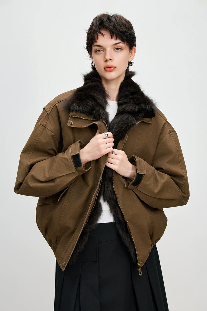Fox Fur Bomber Parka Jacket with Detachable Collar Cocoa Brown / M Fibflx