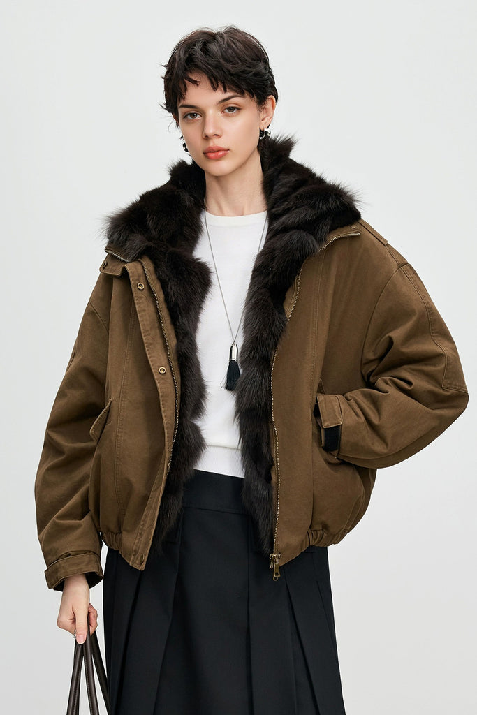 Fox Fur Bomber Parka Jacket with Detachable Collar  Fibflx