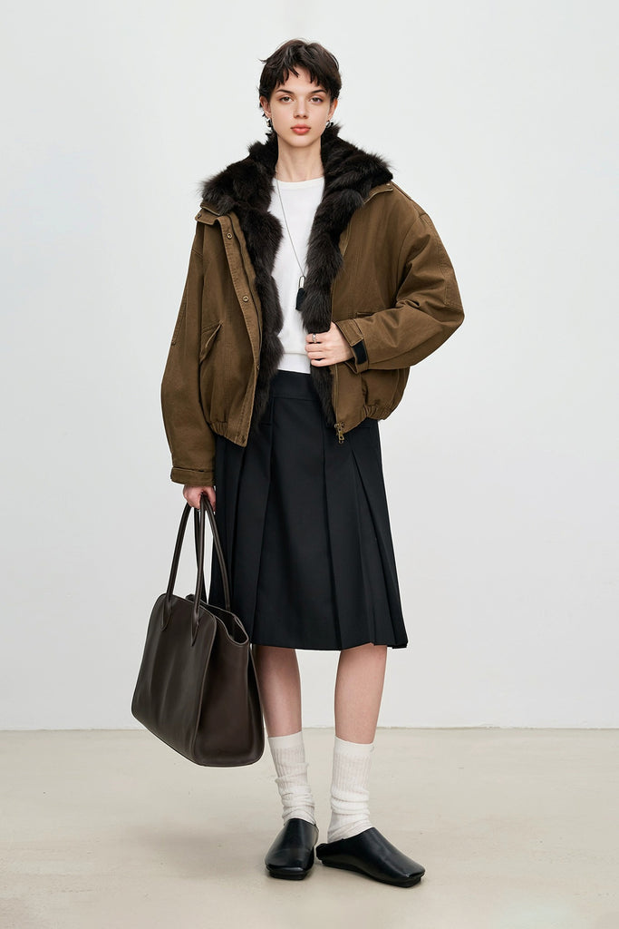 Fox Fur Bomber Parka Jacket with Detachable Collar  Fibflx