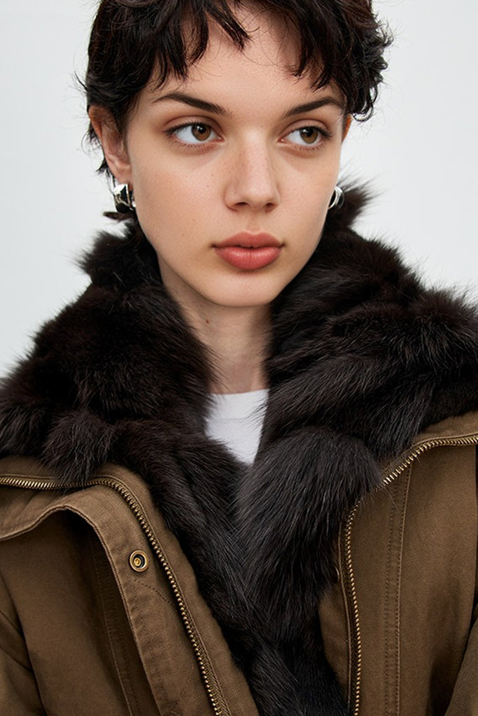 Fox Fur Bomber Parka Jacket with Detachable Collar  Fibflx