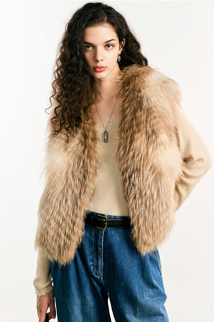 Fox Fur Vest ¨C Real Fur Sleeveless Shearling Gilet Desert Sunset Golden / M Fibflx