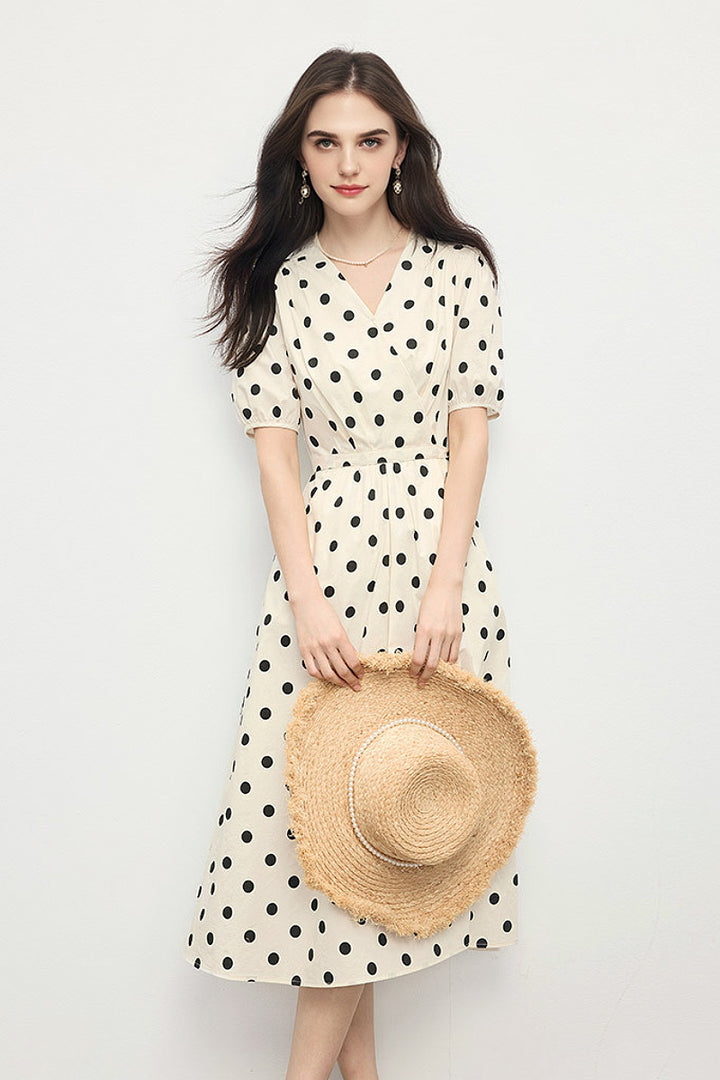 French-Inspired Polka-Dot Midi Dress XL / White N Black Polka Dot / 100% Cotton