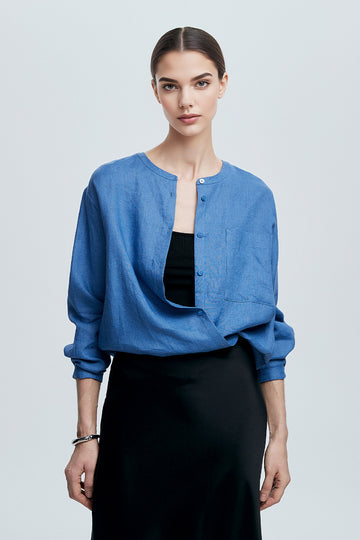 French Linen Drop-Shoulder Collarless Shirt - Fibflx