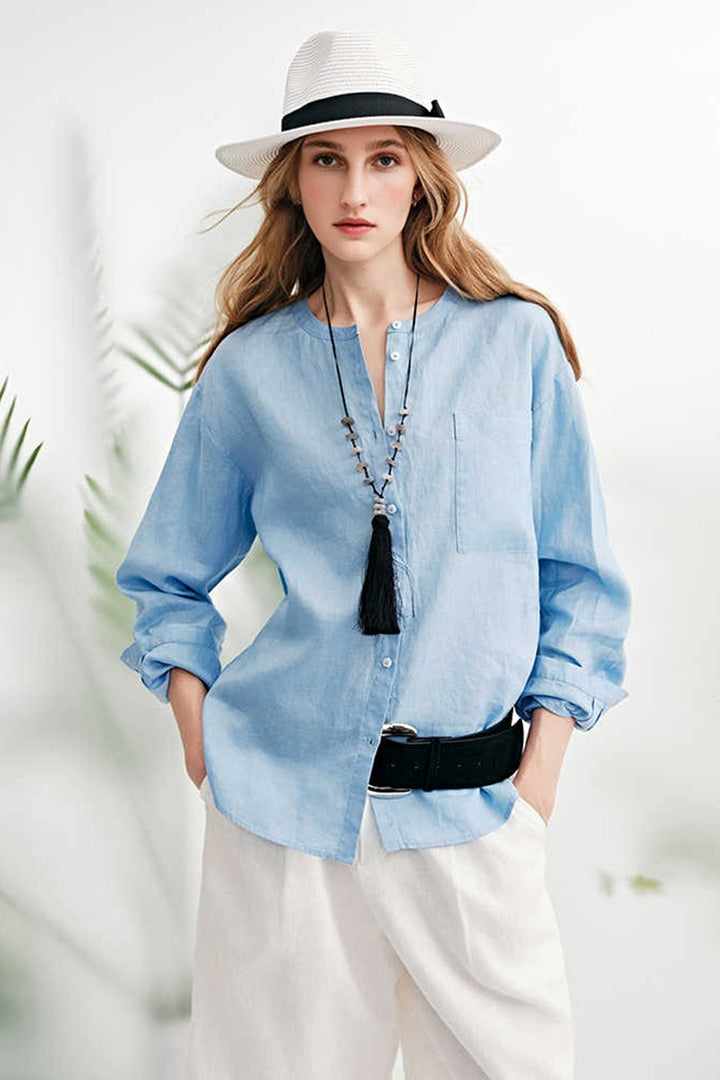 French Linen Drop-Shoulder Collarless Shirt  Fibflx