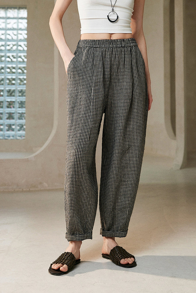 French Linen Gingham Pull-On Barrel Pants - Fibflx