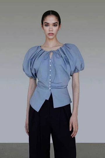 Fibflx Women's French Puff-Sleeve Tie-Front Blouse