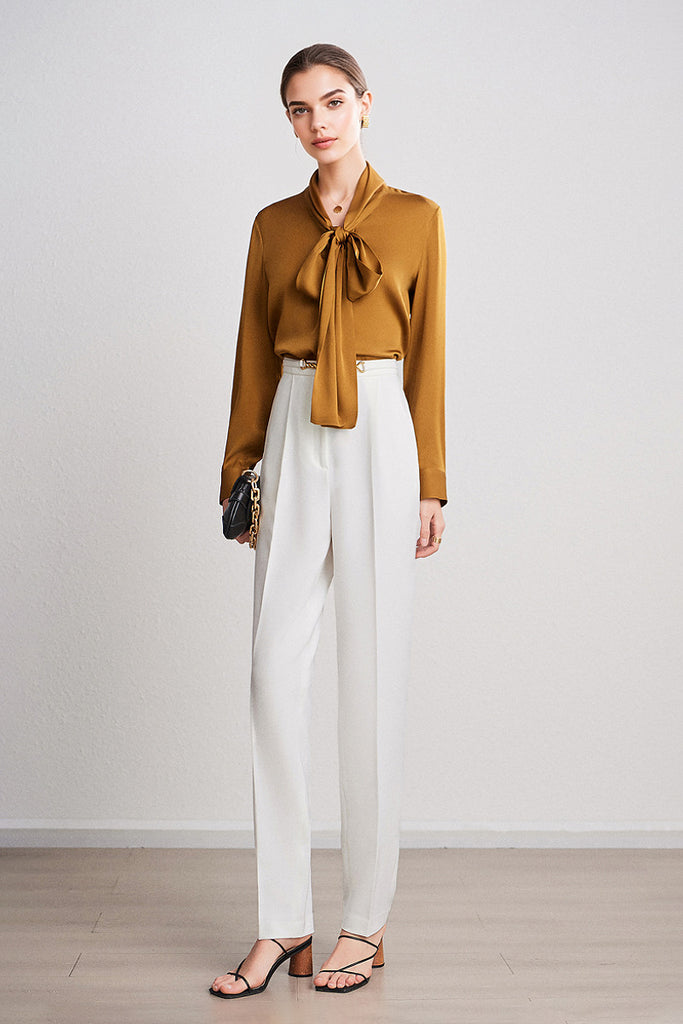 French Silk V-Neck Long-Sleeve Ribbon Blouse  Fibflx