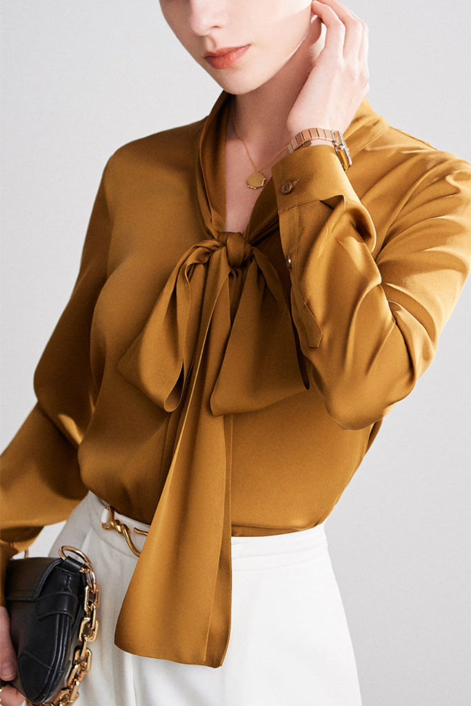 French Silk V-Neck Long-Sleeve Ribbon Blouse  Fibflx