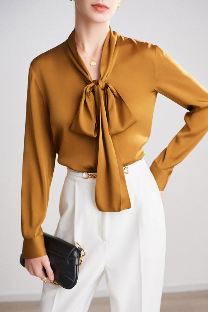 French Silk V-Neck Long-Sleeve Ribbon Blouse  Fibflx