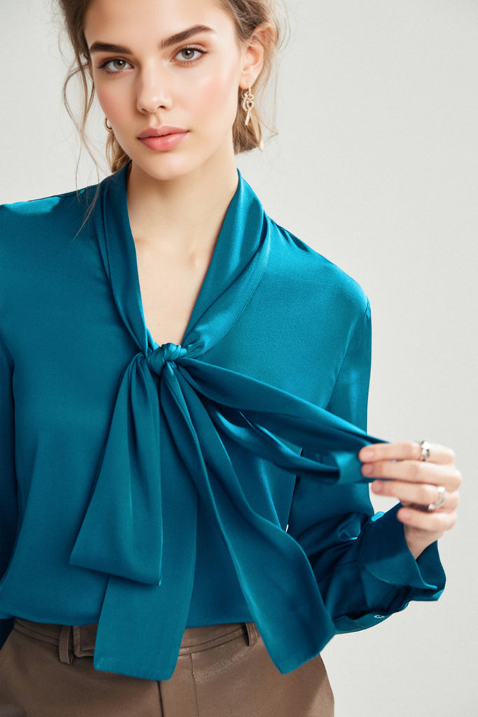 French Silk V-Neck Long-Sleeve Ribbon Blouse L / Aqua Blue / 90% Mulberry Silk 10% Spandex Fibflx
