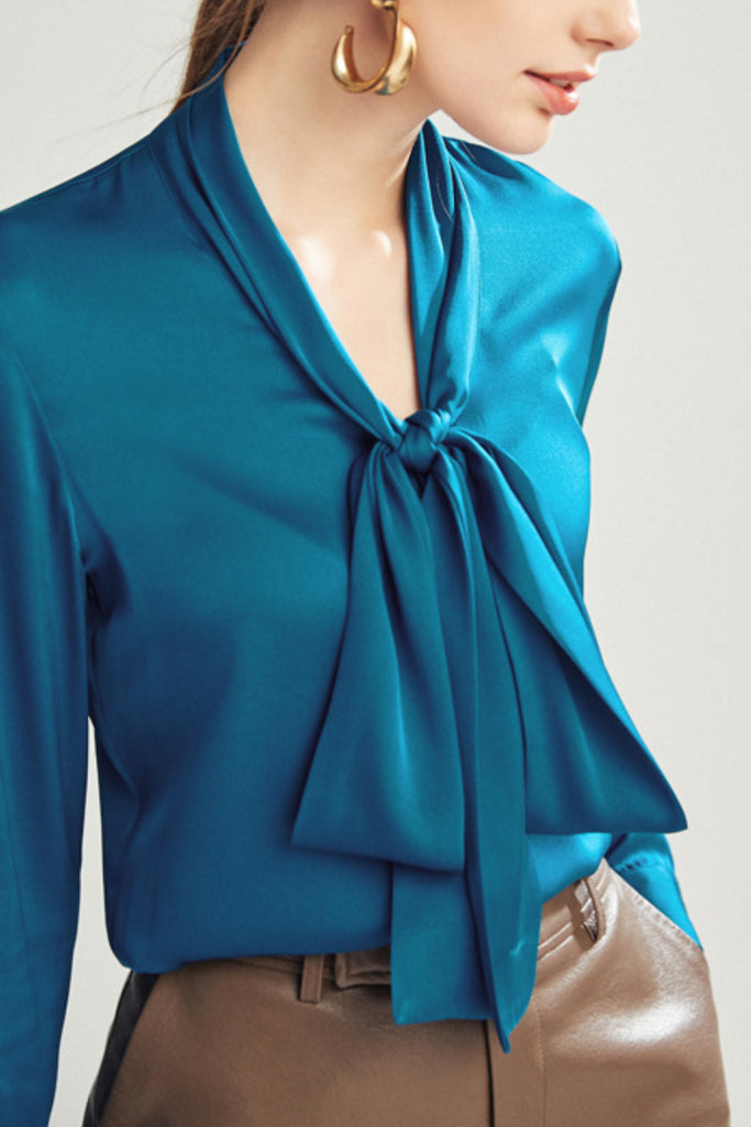 French Silk V-Neck Long-Sleeve Ribbon Blouse  Fibflx