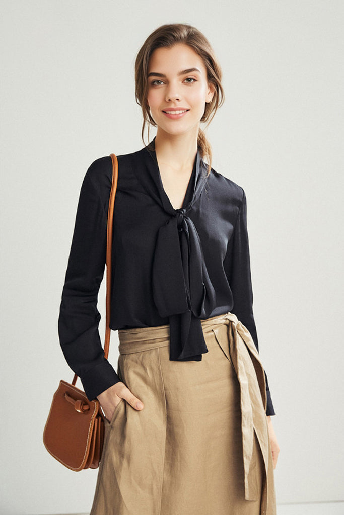 French Silk V-Neck Long-Sleeve Ribbon Blouse L / Black / 90% Mulberry Silk 10% Spandex Fibflx