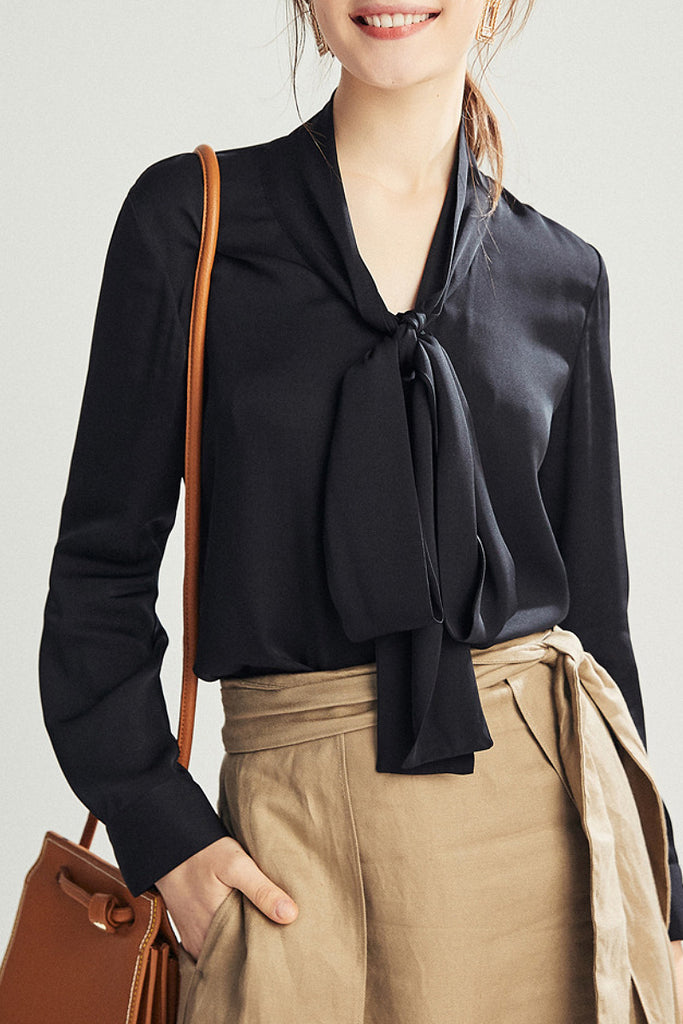 French Silk V-Neck Long-Sleeve Ribbon Blouse  Fibflx