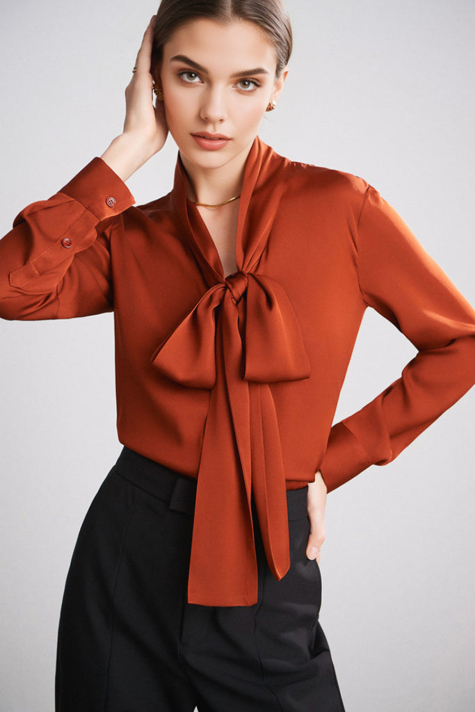 French Silk V-Neck Long-Sleeve Ribbon Blouse L / Caramel / 90% Mulberry Silk 10% Spandex Fibflx