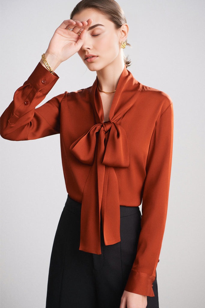 French Silk V-Neck Long-Sleeve Ribbon Blouse  Fibflx