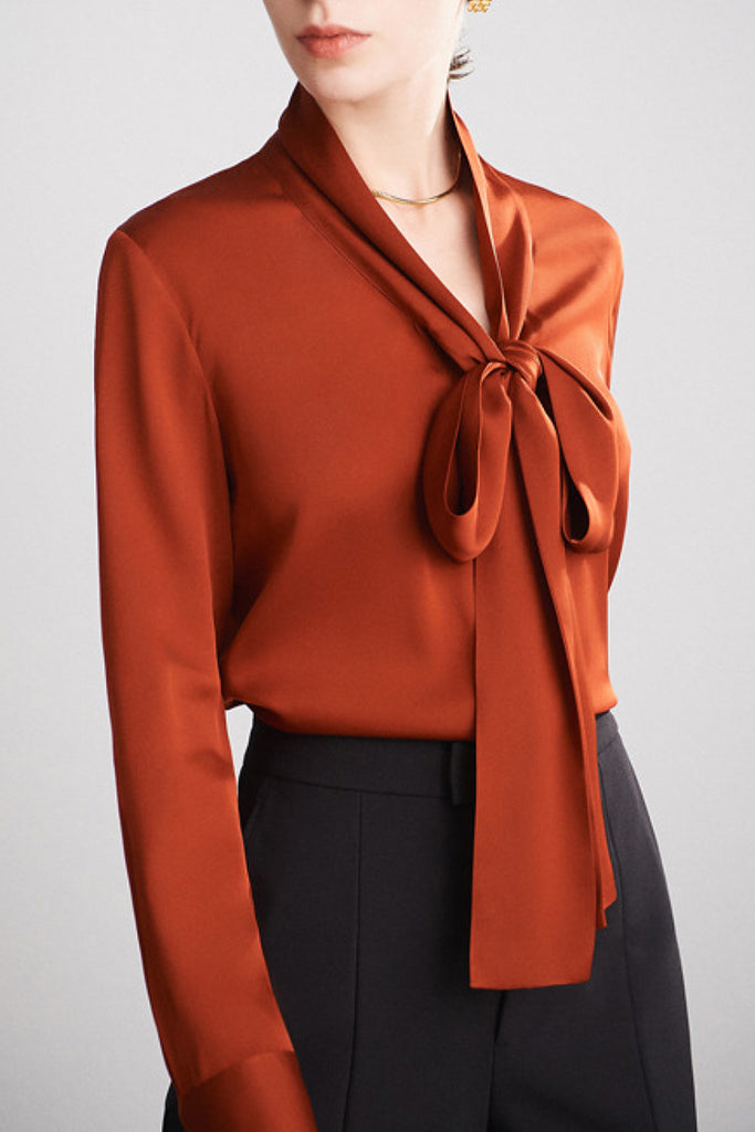 French Silk V-Neck Long-Sleeve Ribbon Blouse  Fibflx