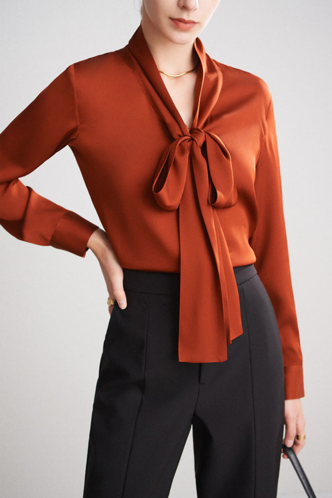 French Silk V-Neck Long-Sleeve Ribbon Blouse  Fibflx