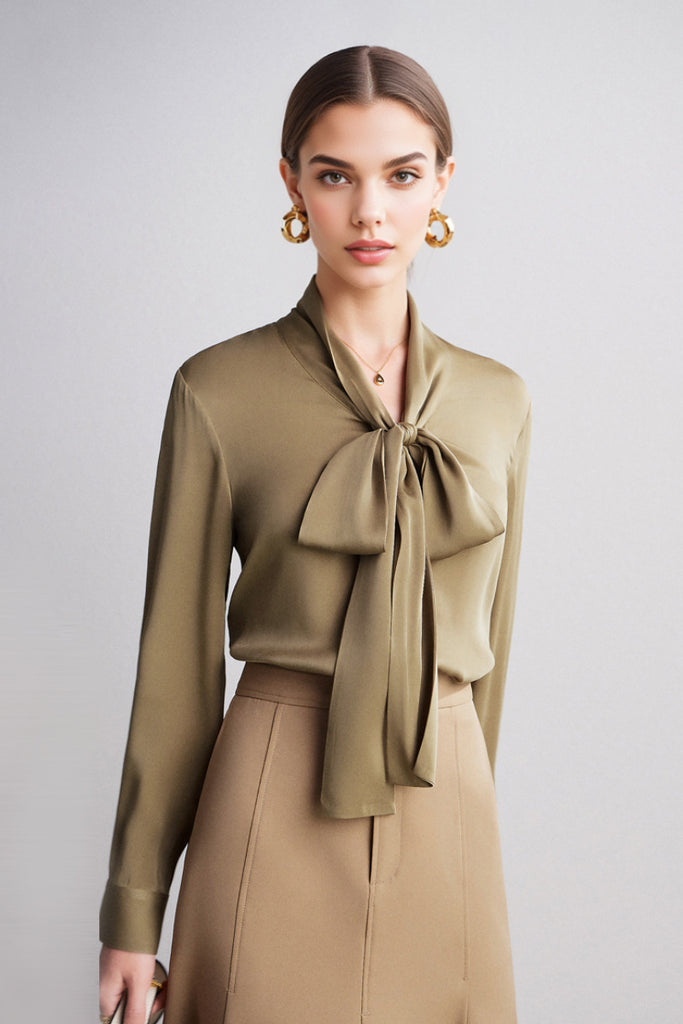 French Silk V-Neck Long-Sleeve Ribbon Blouse L / Early Spring Green / 90% Mulberry Silk 10% Spa Fibflx