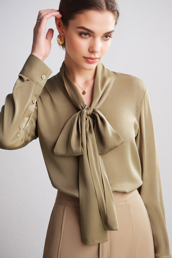 French Silk V-Neck Long-Sleeve Ribbon Blouse  Fibflx