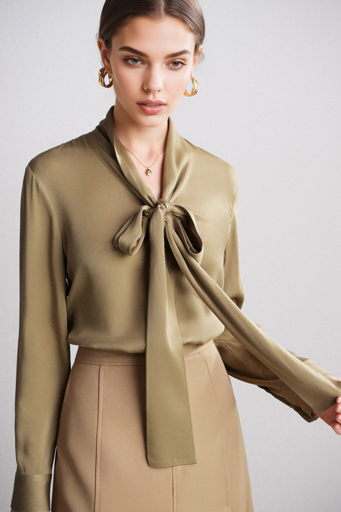 French Silk V-Neck Long-Sleeve Ribbon Blouse  Fibflx