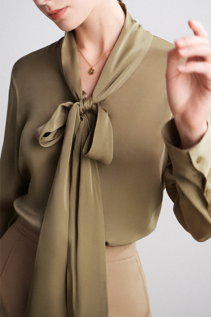 French Silk V-Neck Long-Sleeve Ribbon Blouse  Fibflx