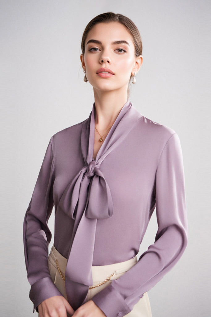 French Silk V-Neck Long-Sleeve Ribbon Blouse L / Epiphany Purple / 90% Mulberry Silk 10% Spande Fibflx