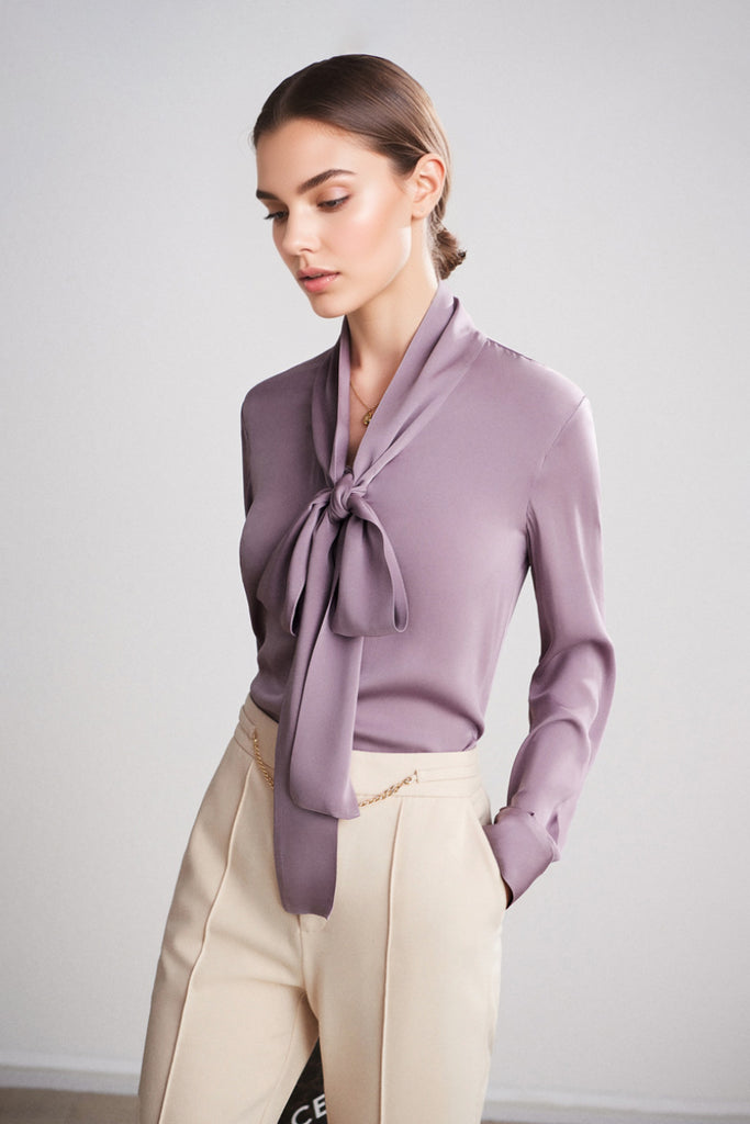 French Silk V-Neck Long-Sleeve Ribbon Blouse  Fibflx