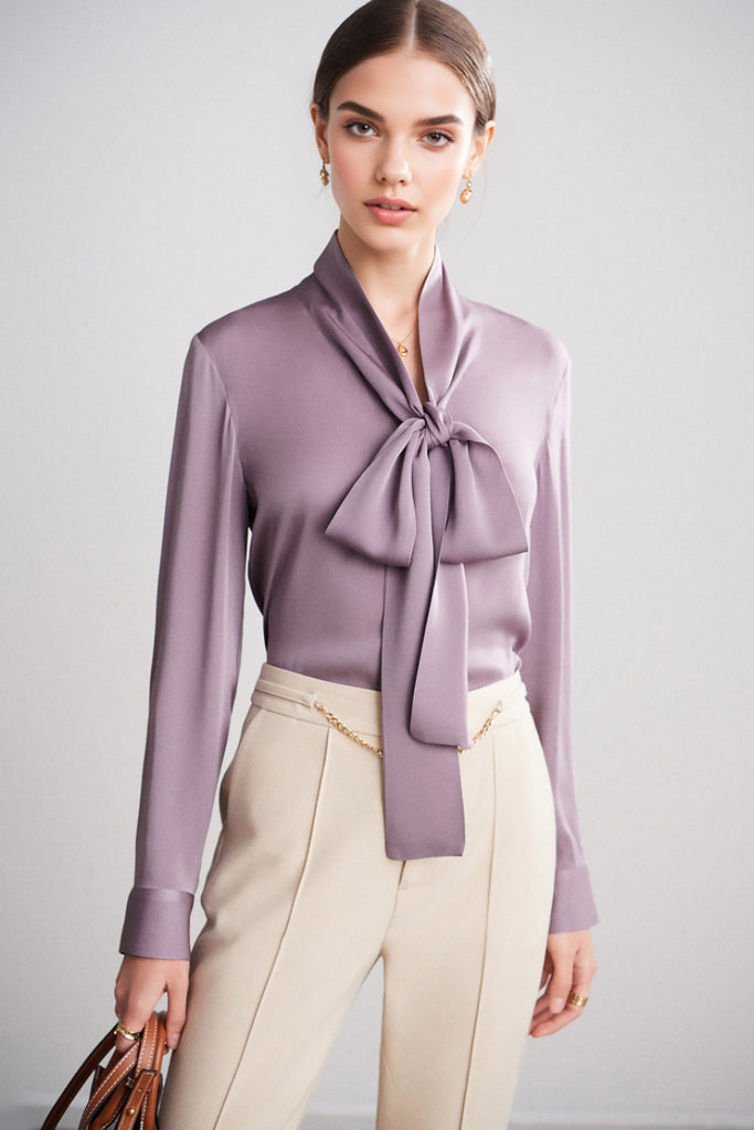 French Silk V-Neck Long-Sleeve Ribbon Blouse  Fibflx