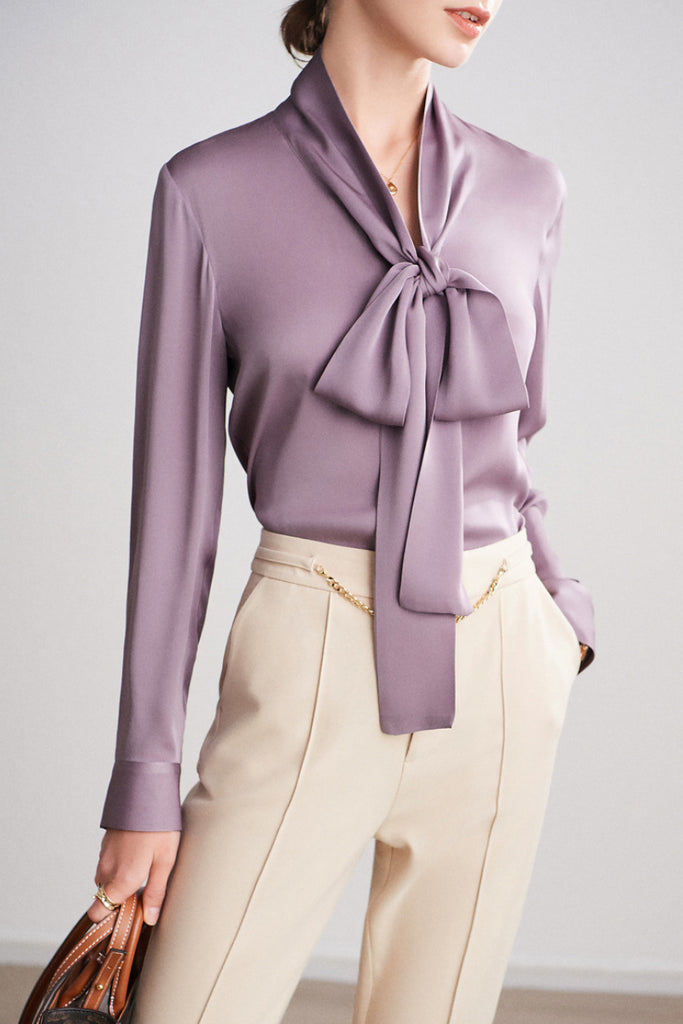 French Silk V-Neck Long-Sleeve Ribbon Blouse  Fibflx