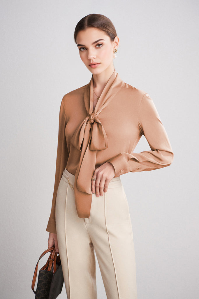 French Silk V-Neck Long-Sleeve Ribbon Blouse L / Innocence Pink / 90% Mulberry Silk 10% Spandex Fibflx