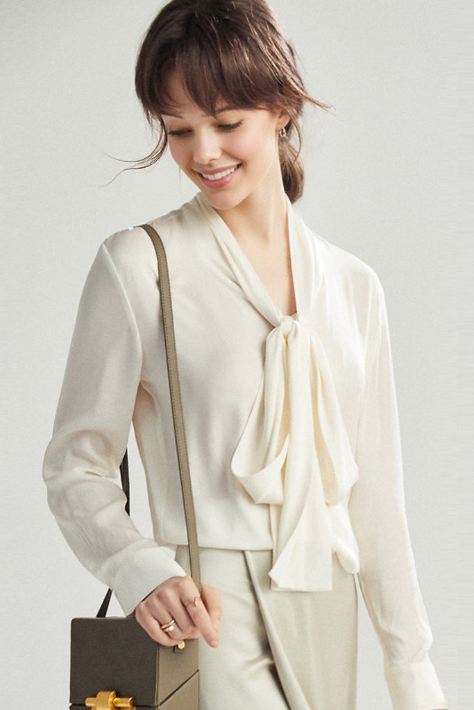 French Silk V-Neck Long-Sleeve Ribbon Blouse L / Ivory / 90% Mulberry Silk 10% Spandex Fibflx