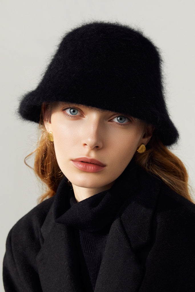 Fuzzy Angora Rabbit Fur Cloche Hat Black / One Size Fibflx