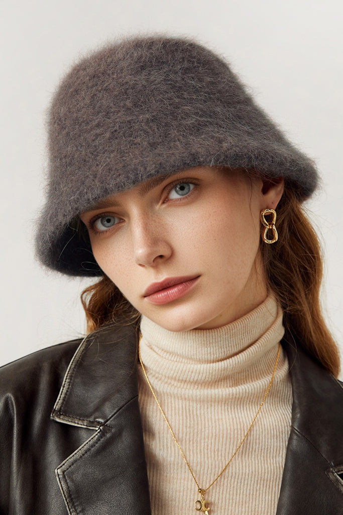 Fuzzy Angora Rabbit Fur Cloche Hat Dark Brown / One Size Fibflx