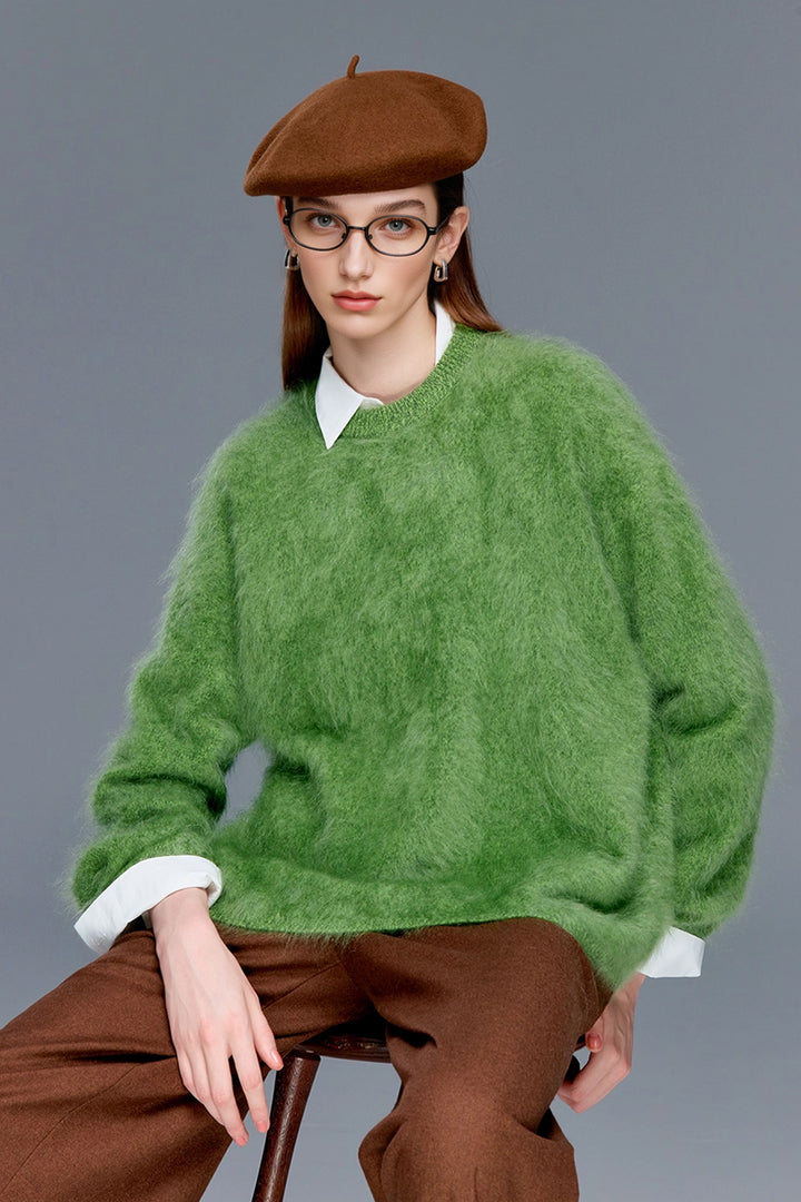 Fuzzy Brushed Cashmere Marled Crewneck Sweater  Fibflx