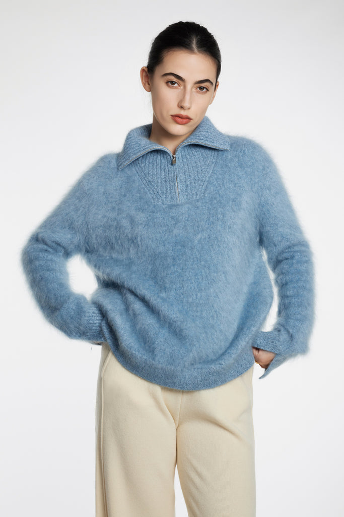 Fuzzy Brushed Cashmere Marled Quarter-Zip Polo Sweater  Fibflx