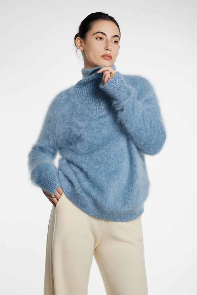 Fuzzy Brushed Cashmere Marled Quarter-Zip Polo Sweater  Fibflx
