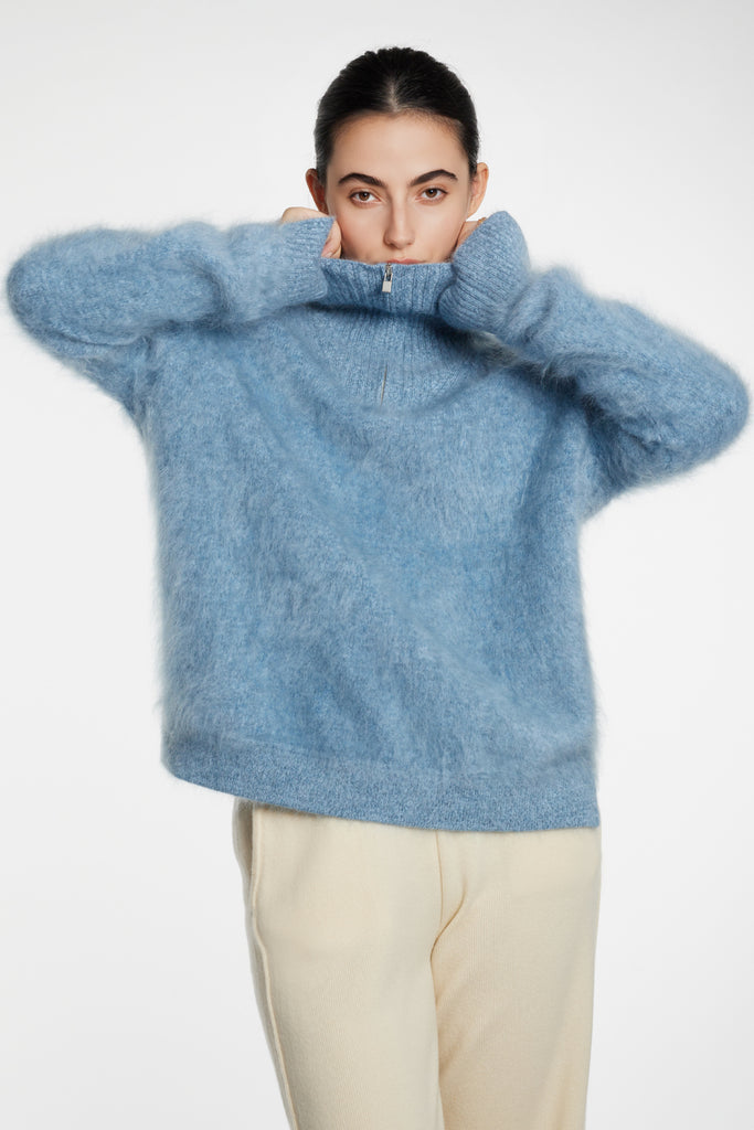 Fuzzy Brushed Cashmere Marled Quarter-Zip Polo Sweater  Fibflx