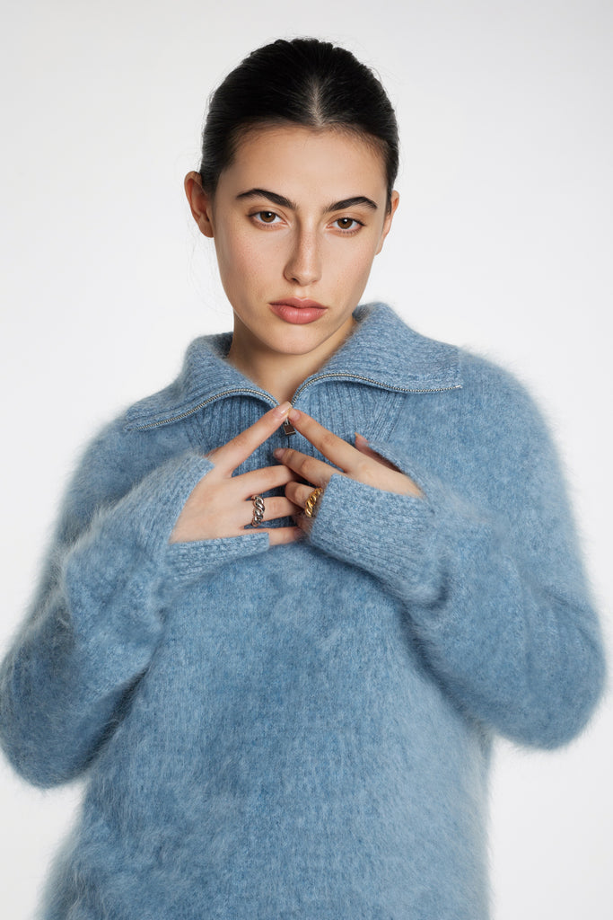 Fuzzy Brushed Cashmere Marled Quarter-Zip Polo Sweater  Fibflx