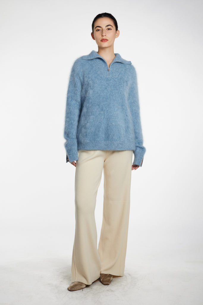 Fuzzy Brushed Cashmere Marled Quarter-Zip Polo Sweater  Fibflx