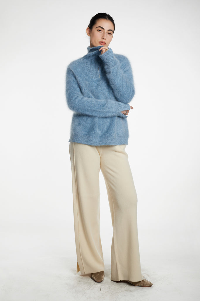Fuzzy Brushed Cashmere Marled Quarter-Zip Polo Sweater  Fibflx