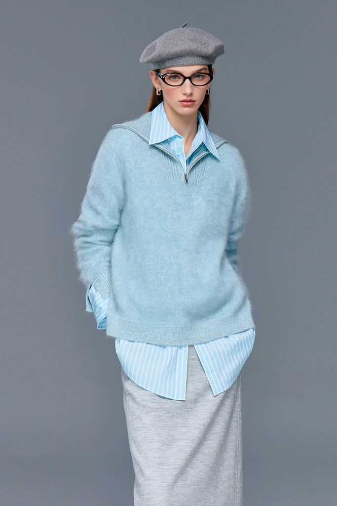 Fuzzy Brushed Cashmere Marled Quarter-Zip Polo Sweater  Fibflx