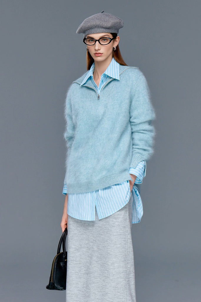 Fuzzy Brushed Cashmere Marled Quarter-Zip Polo Sweater  Fibflx