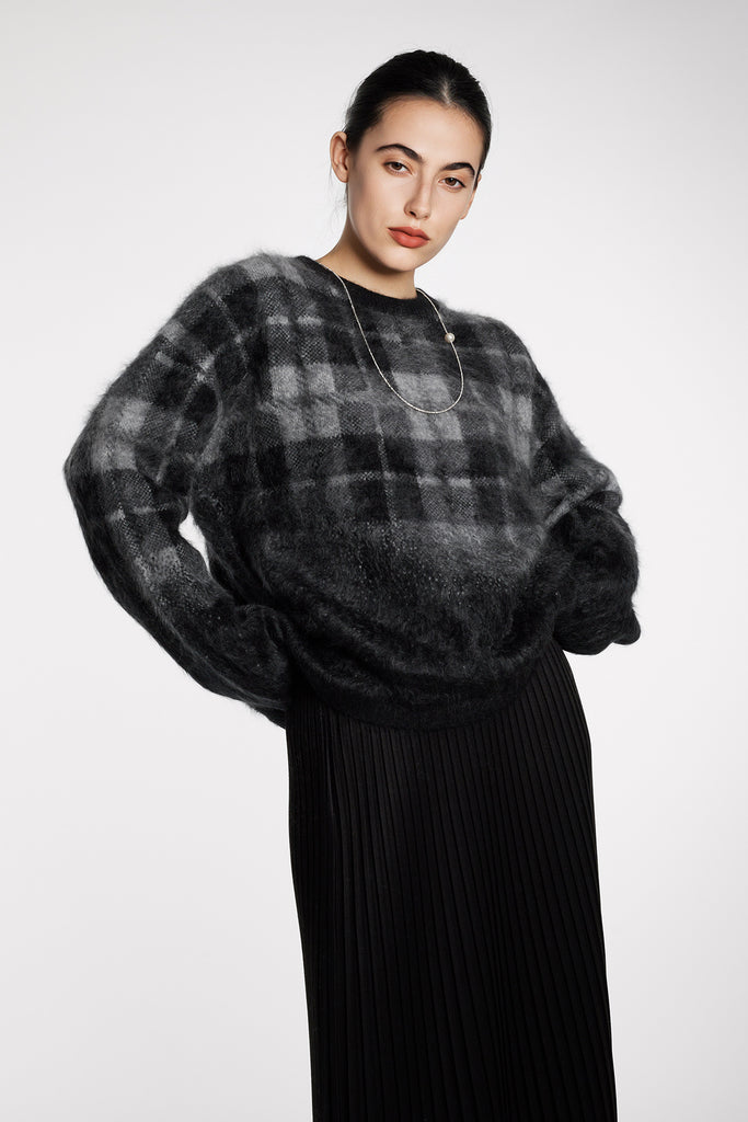 Fuzzy Brushed Cashmere Plaid Pullover Sweater  Fibflx